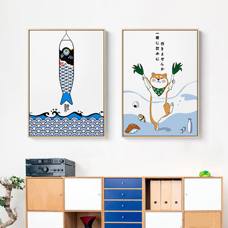 Lifestyle Of Japanese - ญี่ปุ่นสร้างสรรค์สัตว์ปลาโปสเตอร์และพิมพ์ตกแต่งร้านอาหารภาพวาดน่ารัก Wall Art รูปภาพสําหรับห้องรับประทานอาหารซูชิ Place