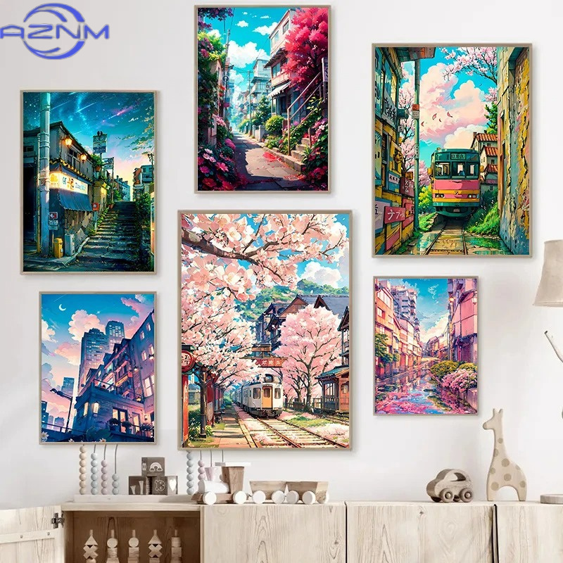 Lifestyle Of Japanese - AZNM ทิวทัศน์ถนนญี่ปุ่น สถาปัตยกรรมดอกซากุระ โปสเตอร์ผ้าใบ ดอกไม้ พืช